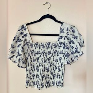 White Crop Top Shirt with Navy Blue Flowers